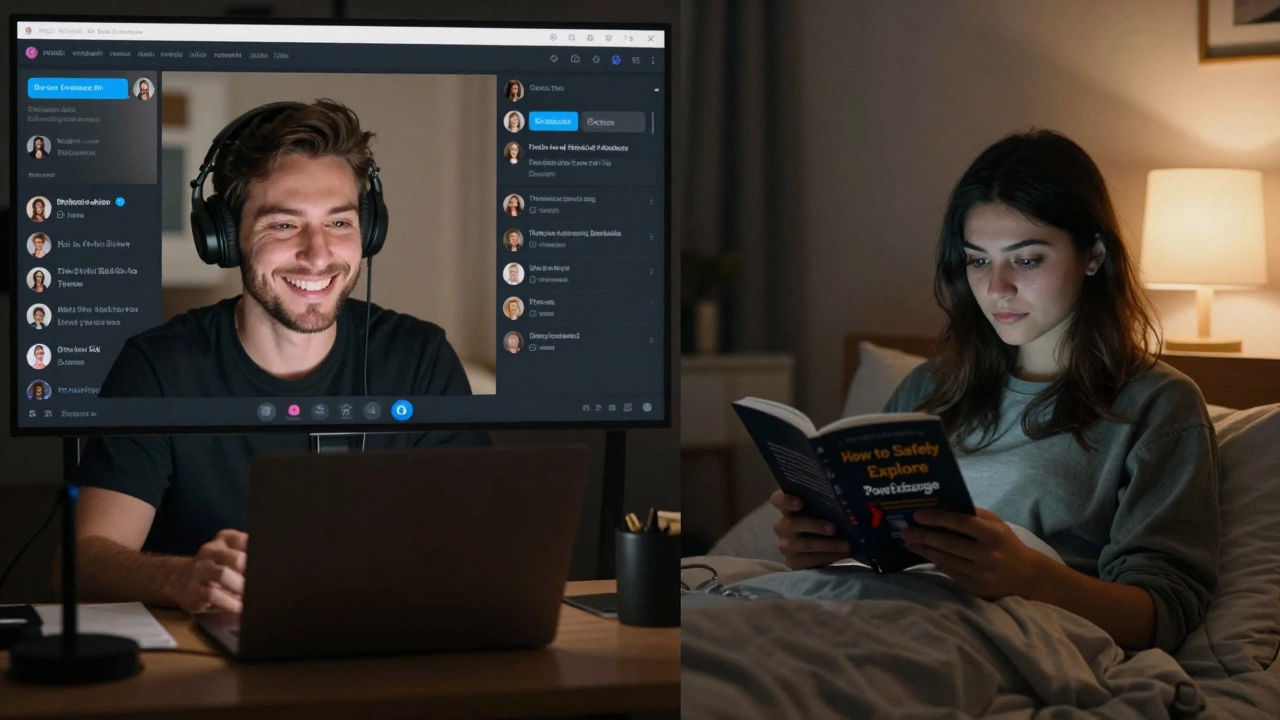 A creator hosting a live stream while a fan reads a digital guide at night, conveying emotional connection and trust.