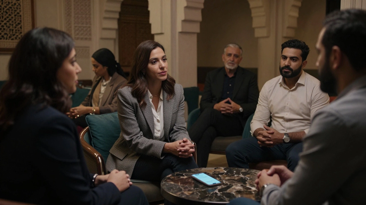 A group of professionals in a discreet Dubai lounge, engaged in quiet, respectful interaction.