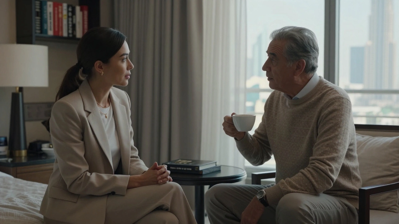 An older man and a professional companion sharing a thoughtful moment in a luxury hotel suite.