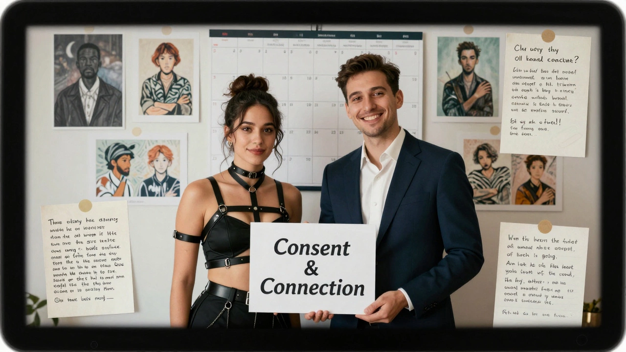 Two creators pose together with fan artwork and a collaborative project title, symbolizing community and consent.